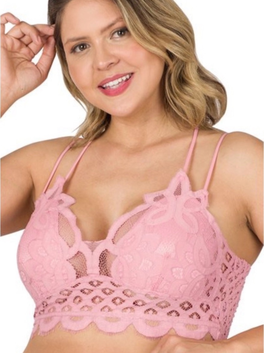 Zenana Outfitters Pink Lace Bralette with Double Straps 1X-3X